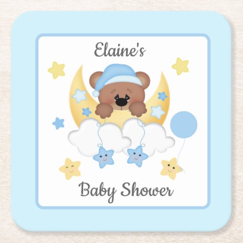 Teddy Bear Moon Clouds Stars Baby Boy Shower Square Paper Coaster