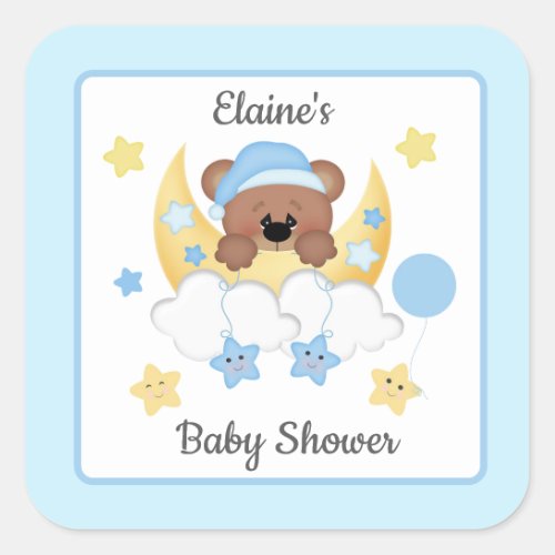 Teddy Bear Moon Clouds Stars Baby Boy Shower Square Sticker