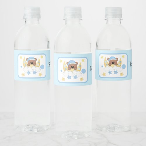 Teddy Bear Moon Clouds Stars Baby Boy Shower Water Bottle Label