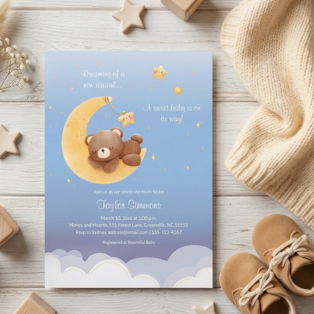 Teddy Bear Moon Dreamy Soft Blue Baby Shower Invitation (Creator Uploaded)
