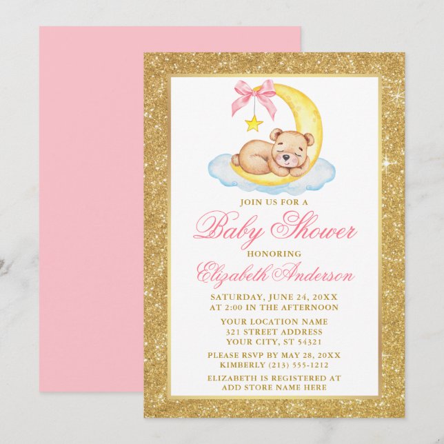 Teddy Bear Moon Gold Glitter Baby Shower Pink Invitation (Front/Back)