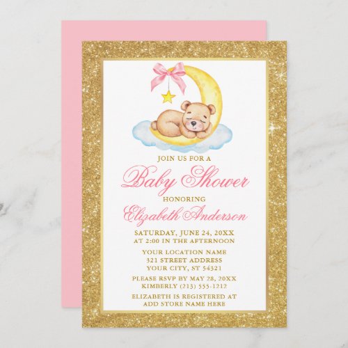 Teddy Bear Moon Gold Glitter Baby Shower Pink Invitation