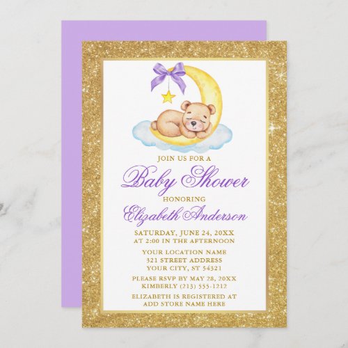 Teddy Bear Moon Gold Glitter Baby Shower Purple Invitation