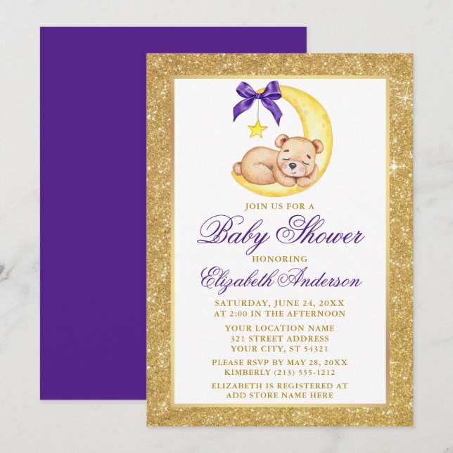 Teddy Bear Moon Gold Glitter Purple Baby Shower Invitation (Front/Back)
