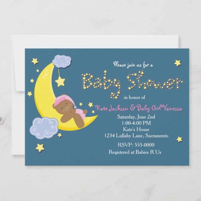 Teddy Bear Moon Star BABY SHOWER Girls Invitation (Front)