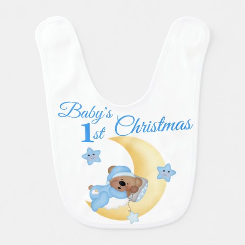 Teddy Bear Moon Star Babys Boy First Christmas Bib