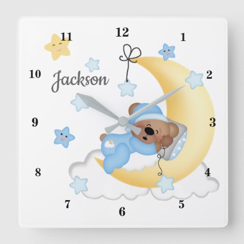 Teddy Bear Moon Stars Baby Boy Nursery Square Wall Clock