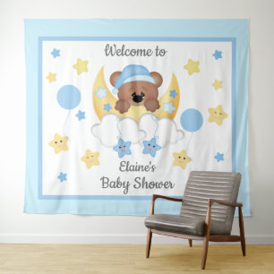 Teddy Bear Moon Stars Baby Boy Shower Backdrop