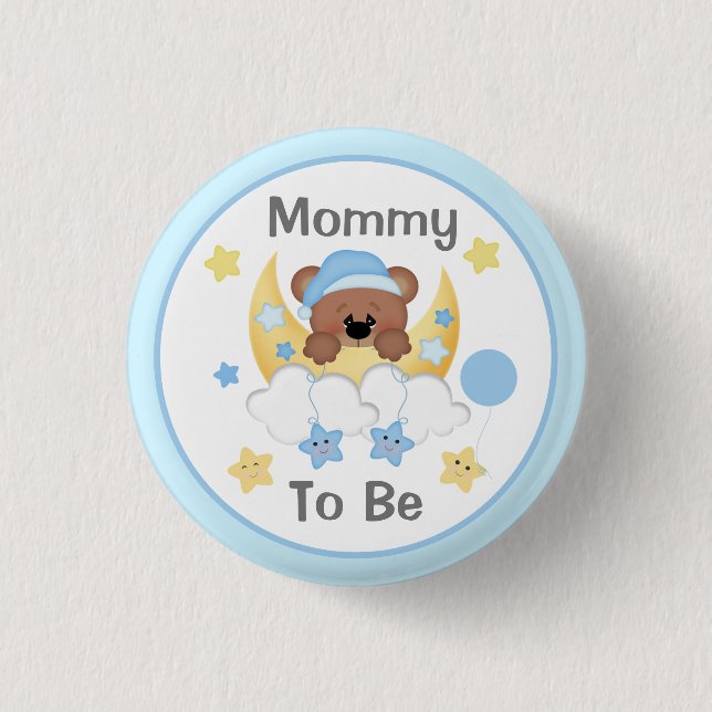 Teddy Bear Moon Stars Baby Boy Shower Mom To Be Button (Front)