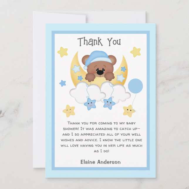 Teddy Bear Moon Stars Baby Boy Shower Thankyou Invitation (Front)