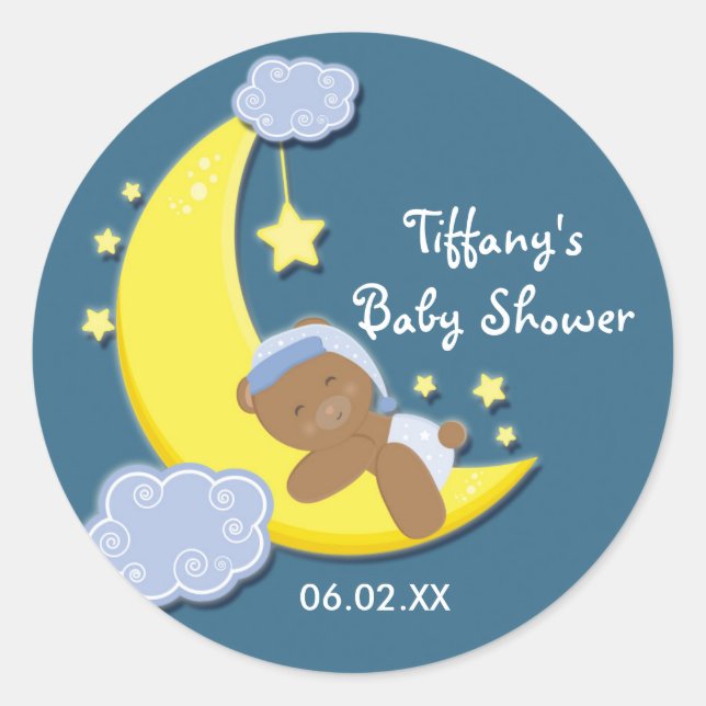 Teddy Bear Moon & Stars Baby Shower Blue Sticker (Front)