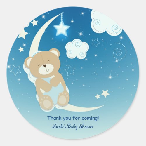 Teddy Bear Moon  Stars Baby Shower Custom Favor Classic Round Sticker