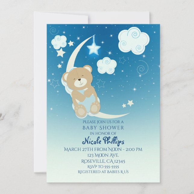 Teddy Bear Moon & Stars Baby Shower Invitations (Front)