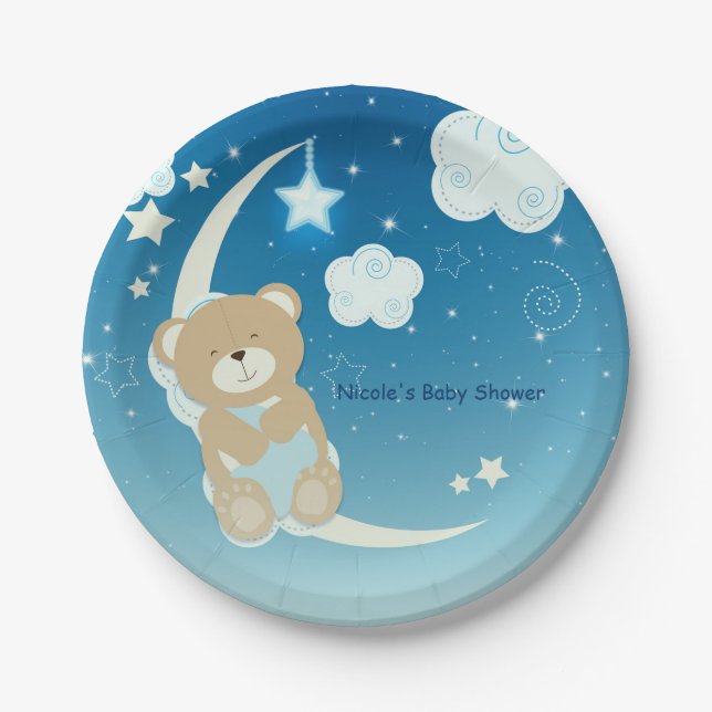 Teddy Bear Moon & Stars Baby Shower Sprinkle Paper Plates (Front)
