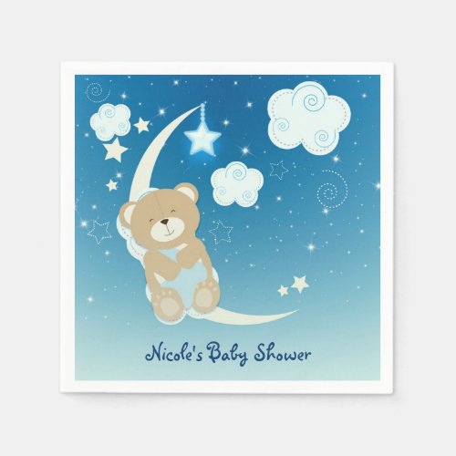 Teddy Bear Moon  Stars Baby Shower Sprinkle Party Paper Napkins