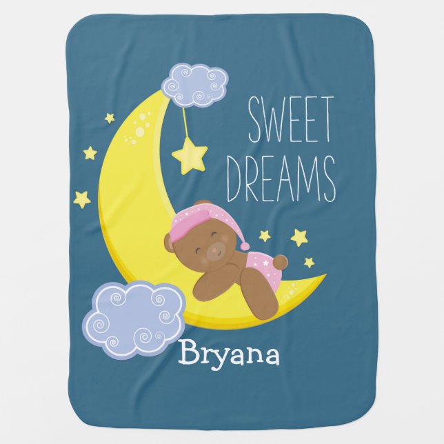 Teddy Bear Moon Stars Celestial Girls Baby Blanket (Front)