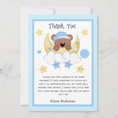 Teddy Bear Moon Stars Clouds Baby Boy Shower  Thank You Card