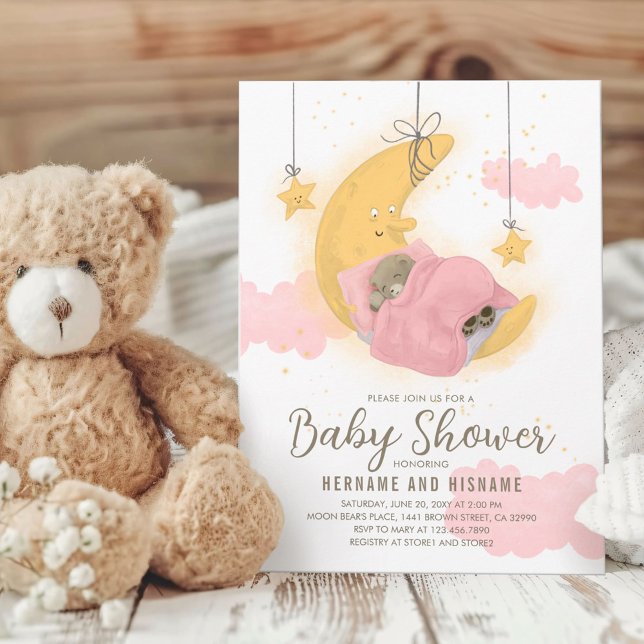 Teddy Bear Moon Stars Girl Baby Shower Invitation (Creator Uploaded)