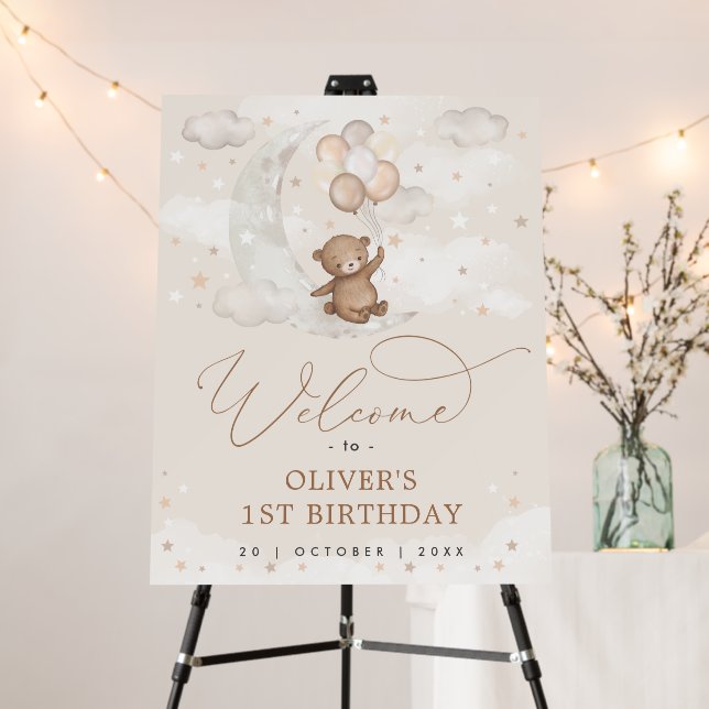 Teddy Bear Moon & Stars Kids Birthday Welcome Foam Board (In Situ (Stand))