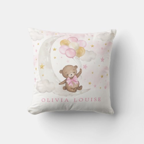 Teddy Bear Moon Stars Pink Gold Balloons Baby Girl Throw Pillow