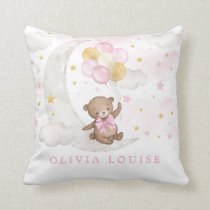 Teddy Bear Moon Stars Pink Gold Balloons Baby Girl Throw Pillow