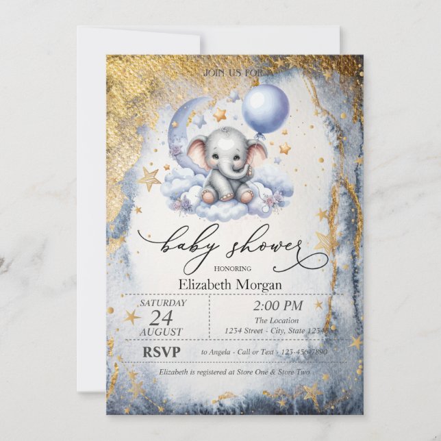 Teddy Bear Moon,Stars Watercolor Baby Shower  Invitation (Front)