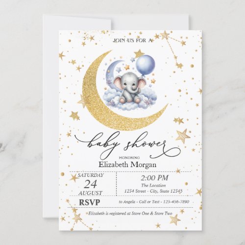 Teddy Bear MoonStars Watercolor Baby Shower  Invitation