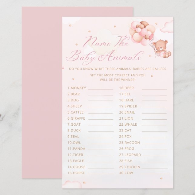 Teddy Bear Name the Baby Animal Baby Shower Game  (Front/Back)