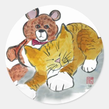 Teddy Bear Nap -sweet Dreams Tiger Classic Round Sticker by Nine_Lives_Studio at Zazzle