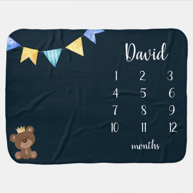Teddy Bear Navy Blue Boy Monthly Milestone Baby Blanket (Horizontal)