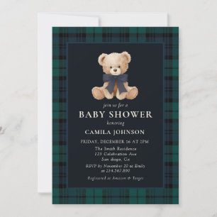 Teddy Bear Navy Plaid Baby Shower Invitation