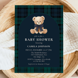 Teddy Bear Navy Plaid Baby Shower Invitation