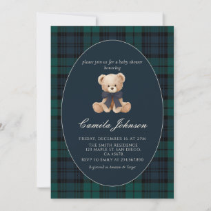 Teddy Bear Navy Plaid Baby Shower Invitation