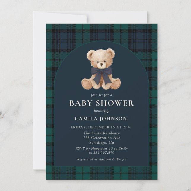 Teddy Bear Navy Plaid Baby Shower Invitation (Front)