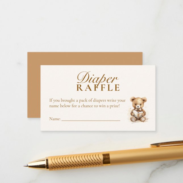 Teddy Bear Neutral Baby Shower Diaper Raffle Card (Front/Back In Situ)