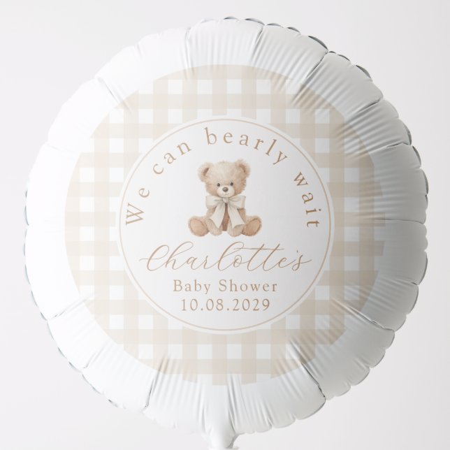 Teddy bear Neutral Gingham Baby shower Balloon (Front)