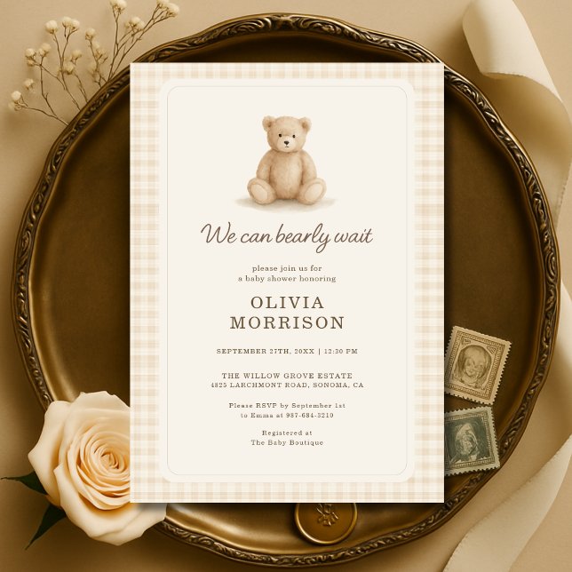 Teddy Bear Neutral Gingham Baby Shower Invitation (Creator Uploaded)