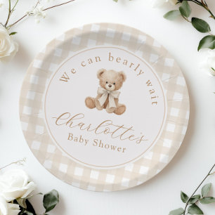 Teddy bear Neutral Gingham Baby shower Paper Plates