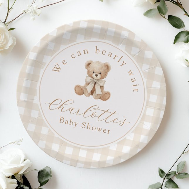Teddy bear Neutral Gingham Baby shower Paper Plates (Creator Uploaded)