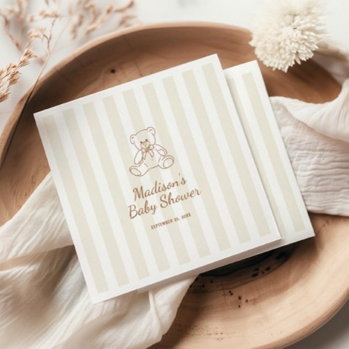 Teddy Bear Neutral Stripes Baby Shower Napkins
