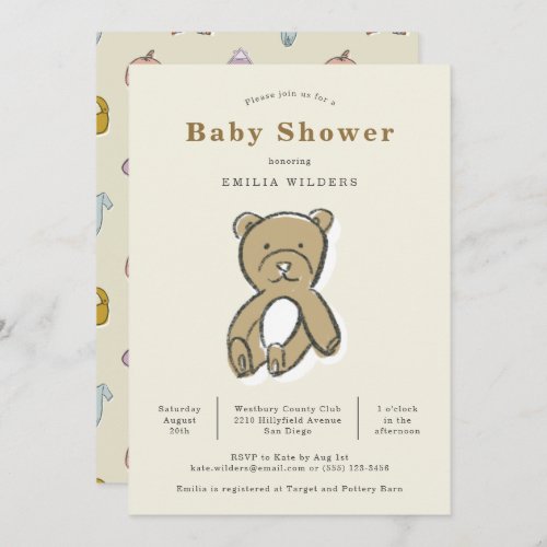 Teddy Bear Newborn Illustration Baby Shower Invitation