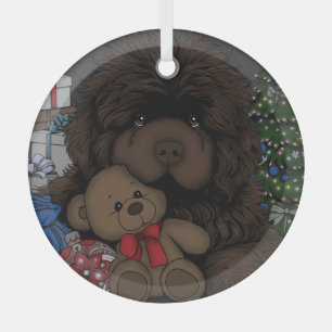 Teddy bear Newfoundland puppy dog Glass Ornament