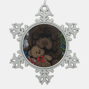 Teddy bear Newfoundland puppy dog Snowflake Pewter Christmas Ornament