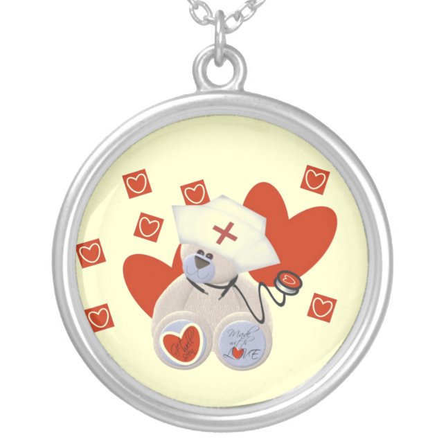 Teddy Bear Nurse Love Tshirts and Gifts Silver Plated Necklace (Front)