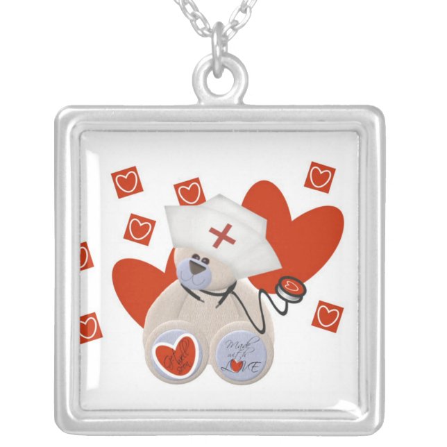 Teddy Bear Nurse Love Tshirts and Gifts Silver Plated Necklace (Front)
