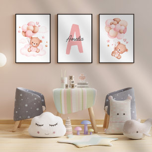 Teddy Bear nursery Baby Girl Initial Name wall art Sets