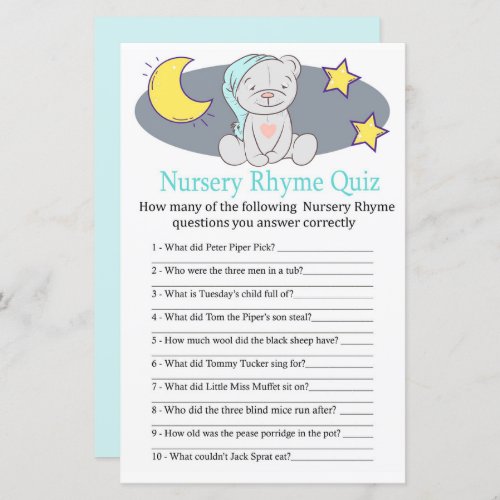 Teddy bear Nursery Rhyme Quiz baby shower game