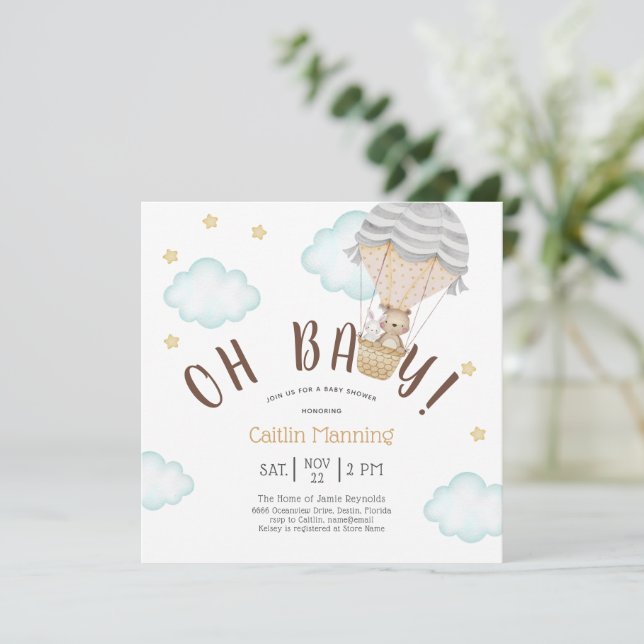 Teddy Bear Oh Baby Woodland Neutral Baby Shower In Invitation (Standing Front)