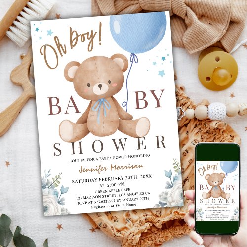 Teddy Bear Oh Boy Baby Shower Blue Balloon  Invitation