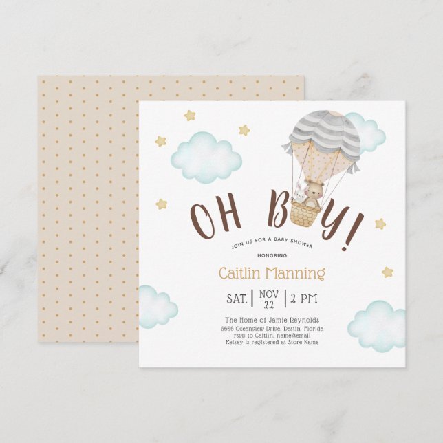 Teddy Bear Oh Boy Woodland Baby Shower Invitation (Front/Back)